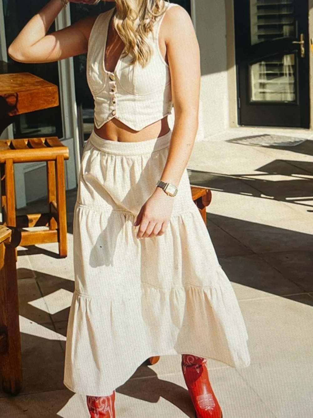 Triple threads cream denim set